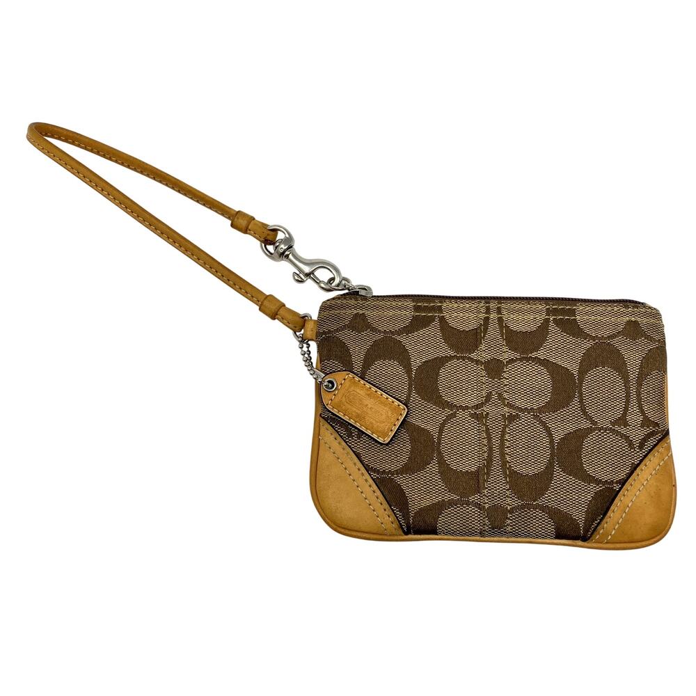 Vintage Y2K Coach Signature C Canvas Wristlet Zip Pouch Tan Leather with Hangtag